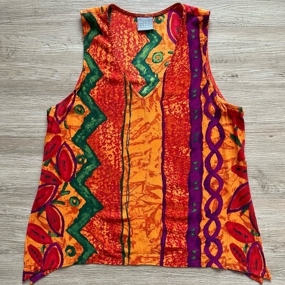 Rabbit Designs Sleeveless Rayon Top Art To Wear Abstract Shark Bite Hem Sz 12 - Picture 1 of 9